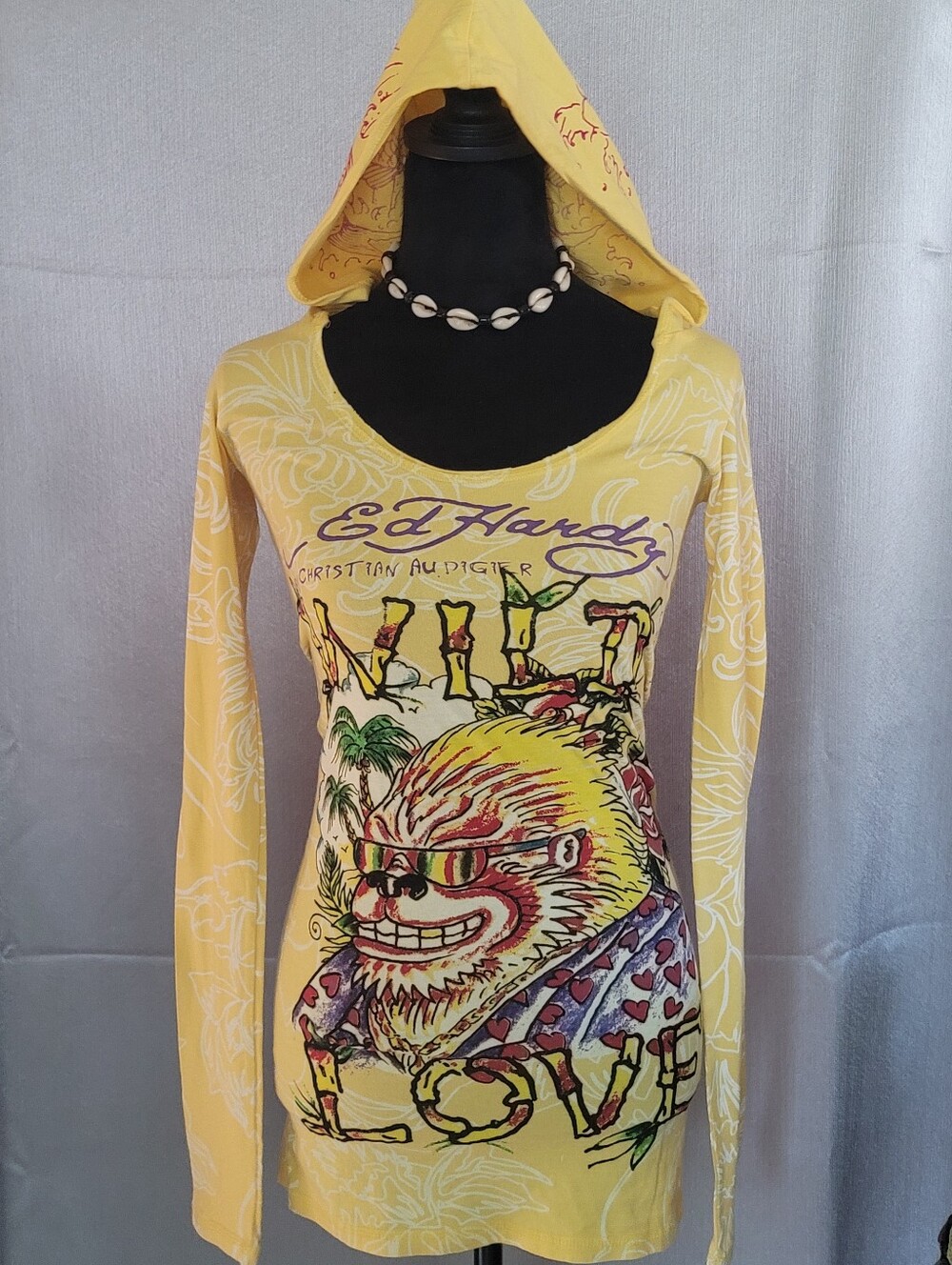 Ed Hardy Yellow Hooded Graphic Long Sleeve Top with Bold Front Print